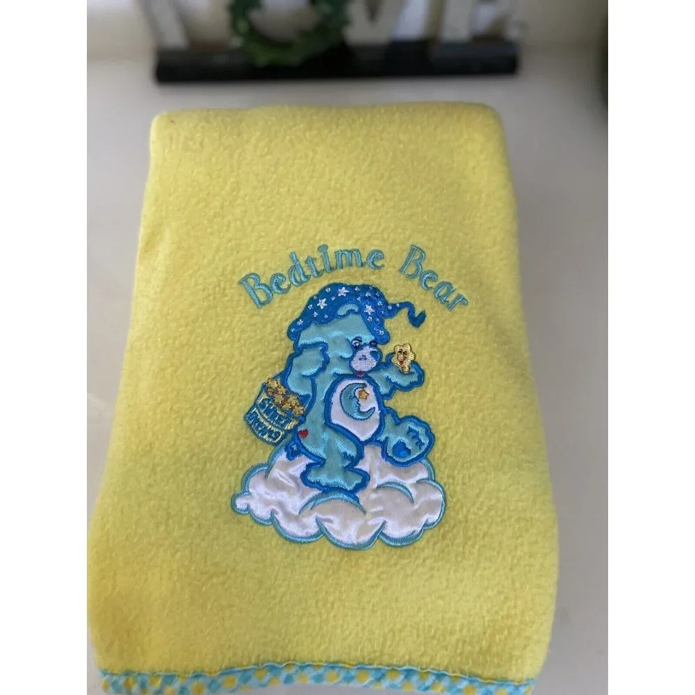 Vintage Care Bears Fleece Baby Blanket Bedtime Bear Sweet Dreams Yellow Blue EUC